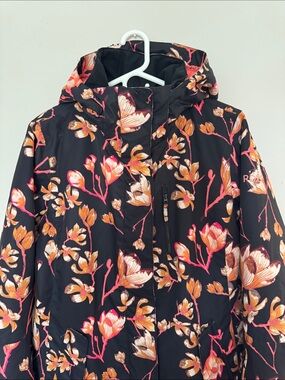 Roxy Floral Ski Jacket in Black with Coral and Pink Accents